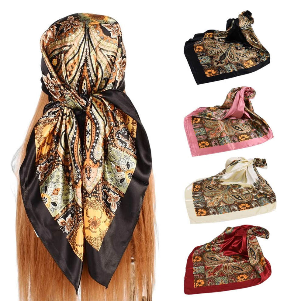 Upeilxd Lot de 4 foulards en soie pour femme, foulard en satin, 35 cm, grand bandana carr   , foulard en soie, ch   le, foulard de nuit (noir/rouge/r