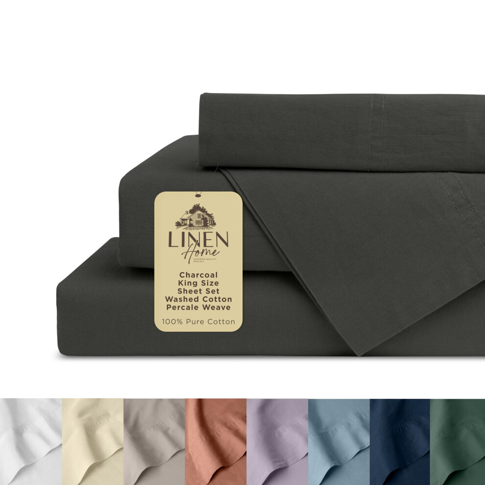 Parure de lit king size en percale de coton lav    Linen Home, 4 pi   ces, couleur anthracite, avec poche profonde   : 1 drap plat, 1 drap-housse et 2