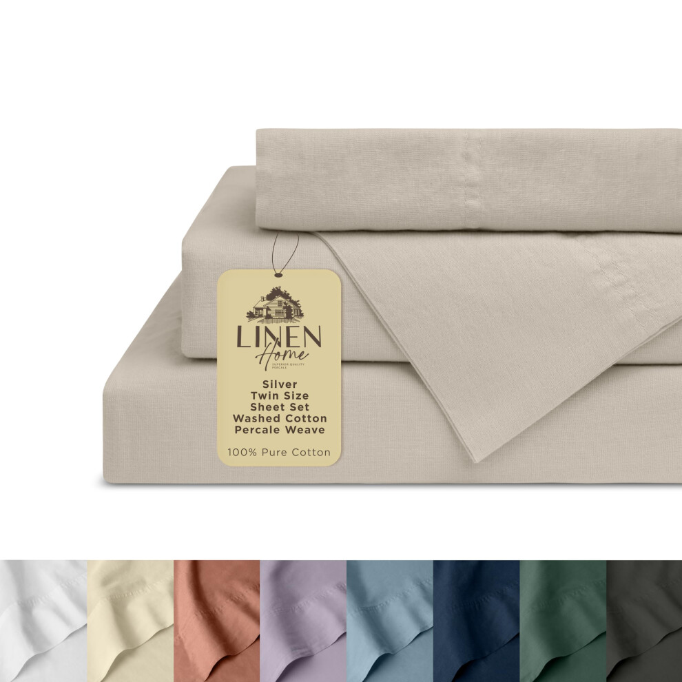 Parure de lit 3 pièces en percale de coton lavé Linen Home, draps de lit à poche profonde argentée : 1 drap plat, 1 drap-housse et 1 taie d'oreil