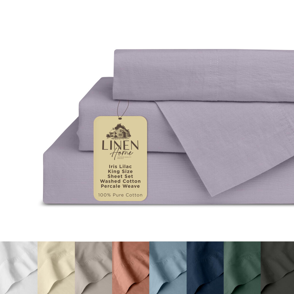 Parure de lit king size en percale de coton lavé Linen Home, 4 pièces, motif iris lilas, avec poche profonde : 1 drap plat, 1 drap-housse et 2 ta
