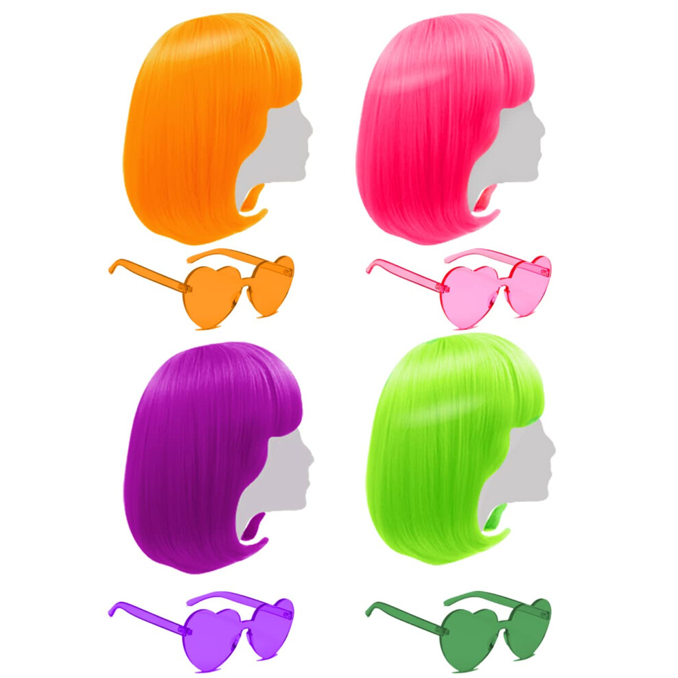 Liuliubty Short Bob Wig 4 Pieces Colorful Wigs Cosplay Wigs 12 Straight With Flat Bangs Neon Colored Wig For Women Girl Party Favors Bachelorette Party Night C