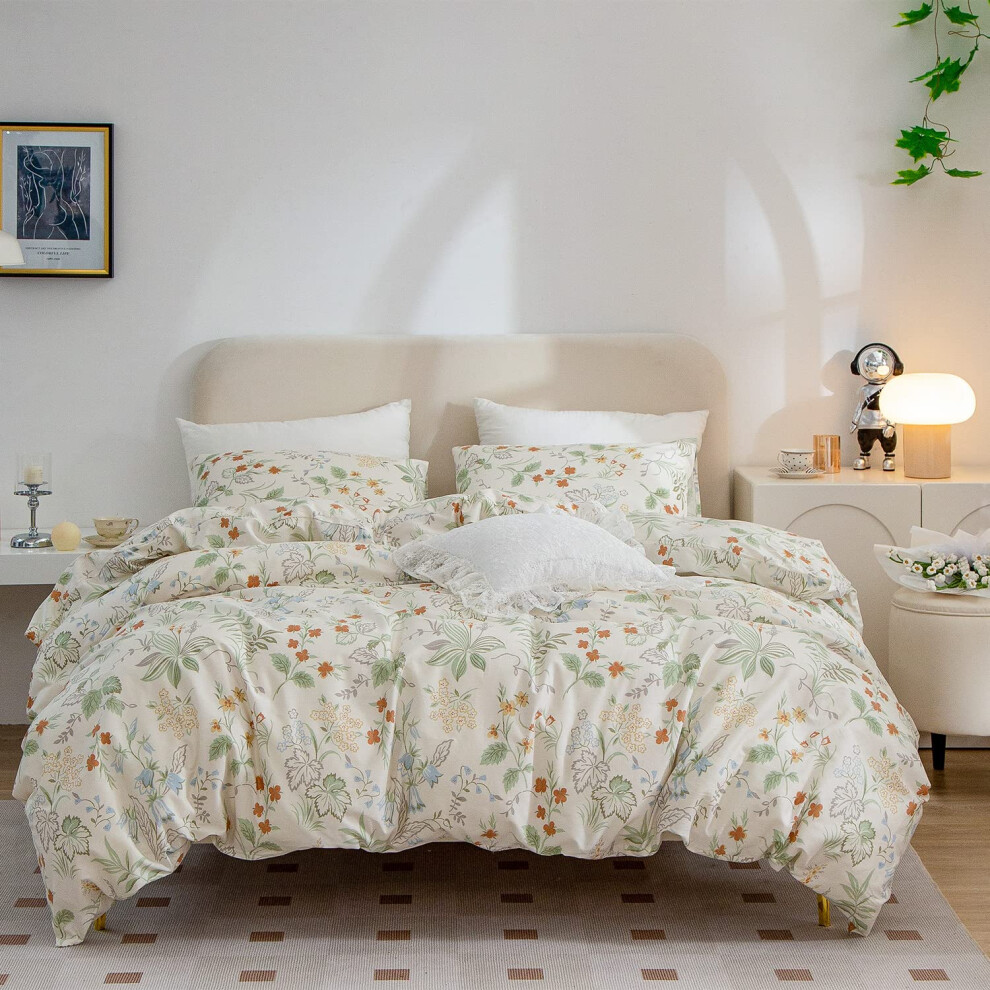 Housse de couette 100 % coton, parure de lit 3 pi   ces style vintage chic, motif floral et feuilles, avec fermeture    clair (Reine des fleurs)