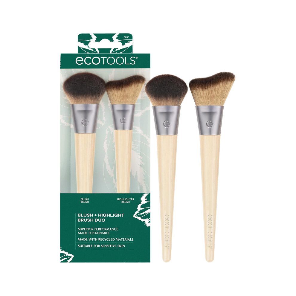 EcoTools Blush + Highlight Brush Duo  Makeup Brushes For Liquid  Cream  & Powder Highlight & Blush  Enhance Natural Skin  Eco-Friendly Makeup Brush Se
