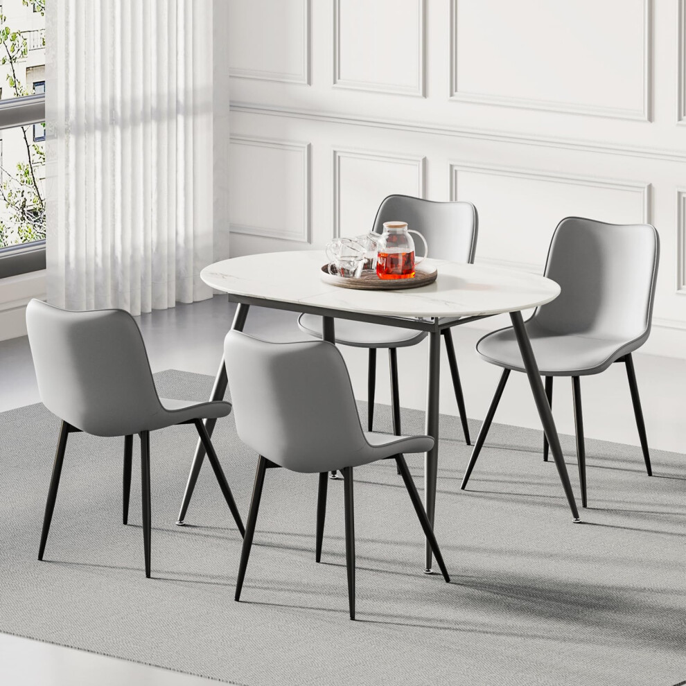 (Grey) JEFFORDOUTLET Dining Table and Chairs Set 4 Extendable Marble Effect Dining Table with Adjustable Foot Pads and 4 Faux Leather Chairs