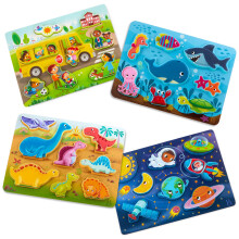 B. toys - Kurkista ja tutki 4-pakkaus: Bussi Meriavaruus Dino - Paksu palapeli 4-pakkaus - Puiset palapelit - Meriavaruusbussi Dinos - 8 palaa pe