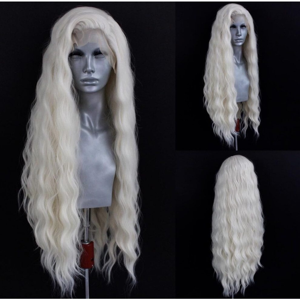 Wxhwcx Unisex White Long Blonde Wavy Synthetic Lace Front Wig Middle Part Lace Wigs Synthetic Hair Wig For Women Cosplay Wigs