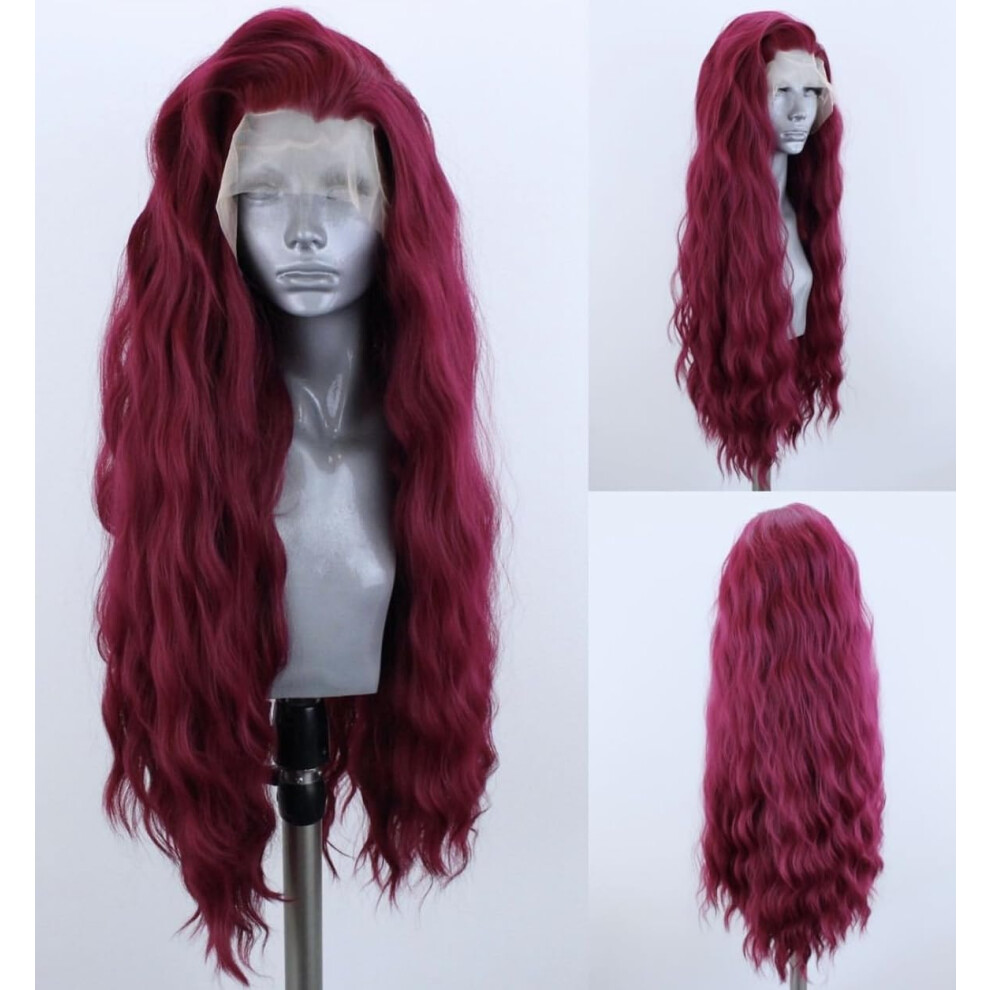 Wxhwcx Unisex Red Wine Synthetic Lace Front Wigs Free Part Loose Wave Heat Resistant Natural Hairline Fiber Hair Glueless Lace Wigs For Women Cosplay Wigs