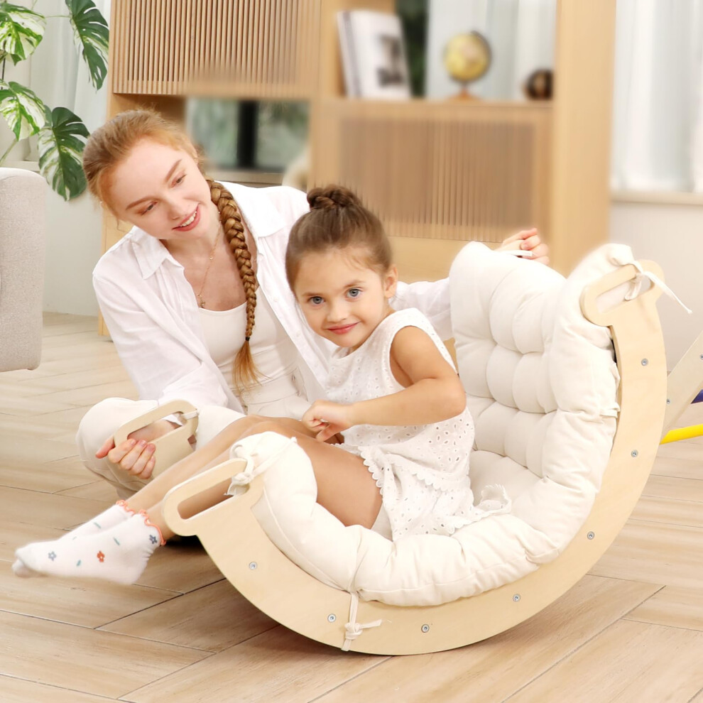 Arche d'escalade Montessori 2 en 1 Ymonlia pour tout-petits Arche d'escalade en bois arc-en-ciel Rocker et coussin Rampe triangulaire d'escalade