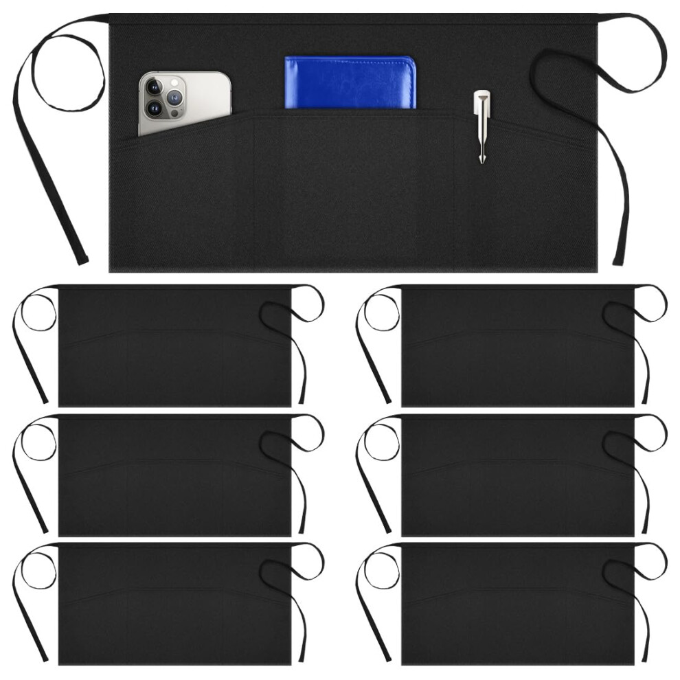 Syntus 6 Pack Server Apron With 3 Pockets Waterdrop Resistant Waitress Waiter Waist Apron 11.5-Inch Black 840073201047