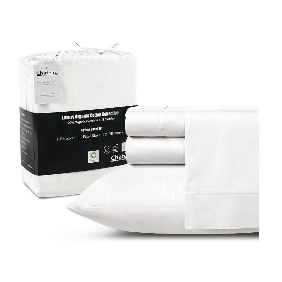Collection Château Maison Draps 100 % coton biologique King Size 4 pièces Draps King Size Draps luxueux en coton à longues fibres Draps respirant