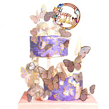 Kleurrijke vlinder verjaardagstaartdecoratieset - 1 grote gelukkige verjaardag taarttopper en 20 bronzing gestreepte paars-roze vlinder cupcake toppe