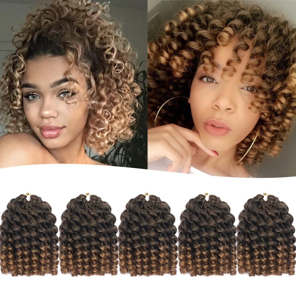 Svolna Unisex Brown 8 Inch Jamaican Bounce Crochet Hair 5 Packs 2X Ringlet Wand Curl Crochet Hair Pre Looped Bouncy Curl Curly Crochet Hair Extension Ombre Crochet