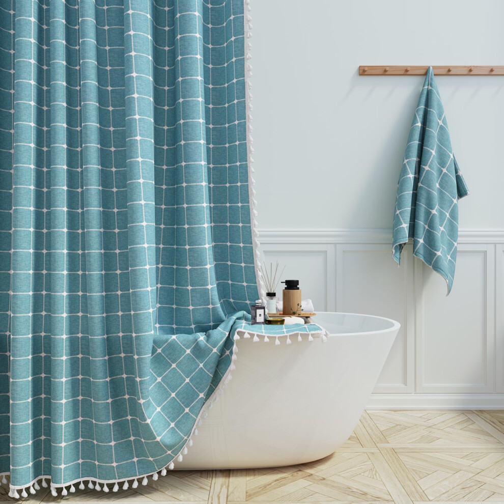 Rideau de douche extra long BTTN - 72 x 84 pouces de long, ensemble de rideaux de douche en lin     pompons boh   me chic avec crochets, grands ridea
