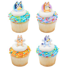 Decopac bluey tak zabawne pierscienie 24 dekoracje babeczki z bluszczami bingo i chilli 3D Food Safe Cake Toppers - 24 paczki