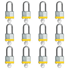 LQYN 12 Pack Laminated Keyed Padlock (1-9/16"""" 40mm) Keyed Alike Locks Yellow Hoop Long Shackle Lock for Gym Locker Luggage Suitcase Baggage