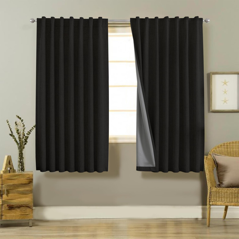 Joydeco Rideaux 100 % occultants 160 cm de long, rideaux noirs en lin, lot de 2 panneaux, pour chambre     coucher, salon, rideau occultant, isolat