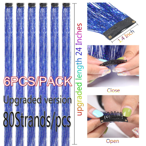 CelineBella Clip In Tinsel Hair Azul Brilhante 24 Polegadas 80 Fios/Pcs Resistentes ao Calor 1