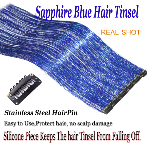 CelineBella Clip In Tinsel Hair Azul Brilhante 24 Polegadas 80 Fios/Pcs Resistentes ao Calor 2