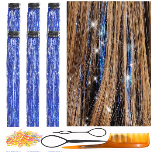 CelineBella Clip In Tinsel Hair Azul Brilhante 24 Polegadas 80 Fios/Pcs Resistentes ao Calor