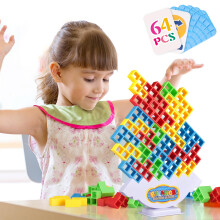 LIMYIOM 64-delig Tetra Tower-spel Familiebord voor 2 spelers Familiespellen Bouwstenen Stapelen Balansspellen Speelgoed voor kinderen Volwassenen Vri