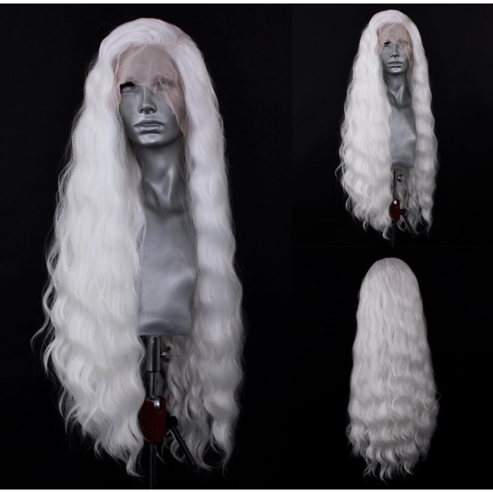 Parrucche Sintetiche Frontali In Pizzo Ondulato Bianco Wxhwcx, Senza Parte, Onda Sciolta, Resistenti Al Calore, Attaccatura Dei Capelli Naturale,-image