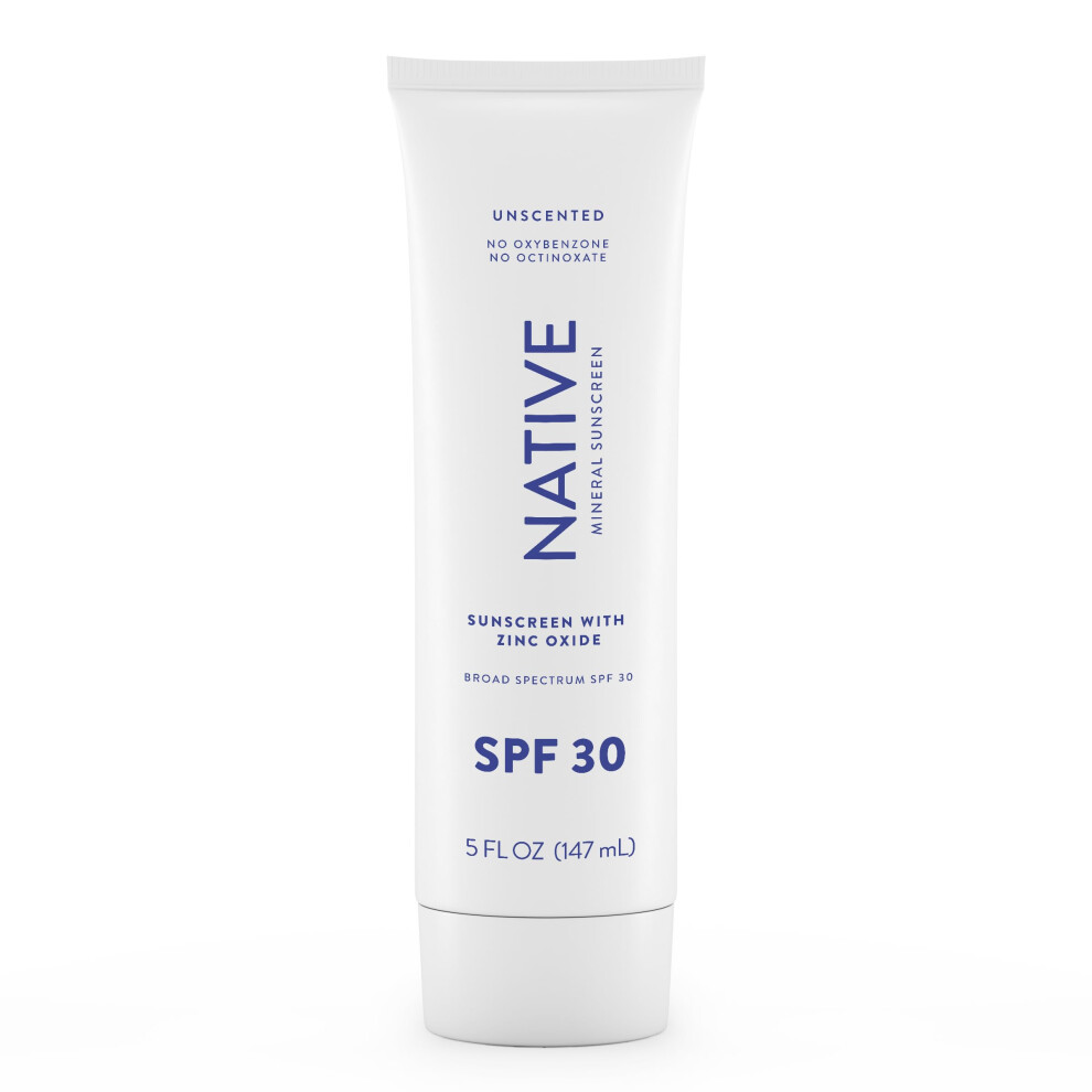 Native Sunscreen SPF 30  Zinc Oxide Dermatologist Tested Suitable for Sensitive Skin & Hawaii Compliant  5 Ounces | Unscented Sun Protection Lotion  L