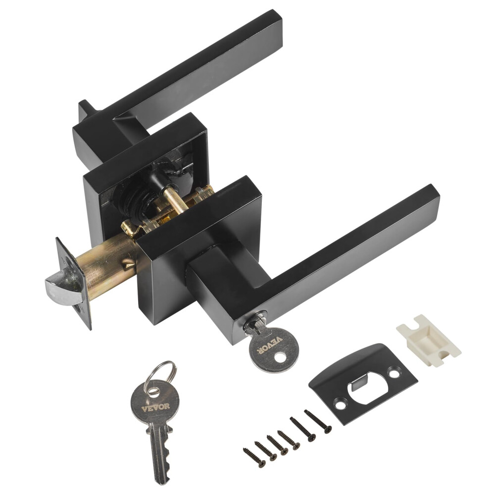 VEVOR Black Entry Lever Door Handle  1 Pack Entry Knob  Lock and Key Locking Lever Set  Contemporary Square Door Lever  Reversible for Right and Left