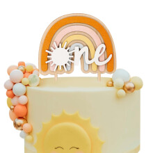 MUWEOL The Sun Wooden Cake Topper - Boho Theme 1st/First Birthday Party Decoration Hippie Rainbow Baby Shower Supplies for Baby Boys Girls (boho