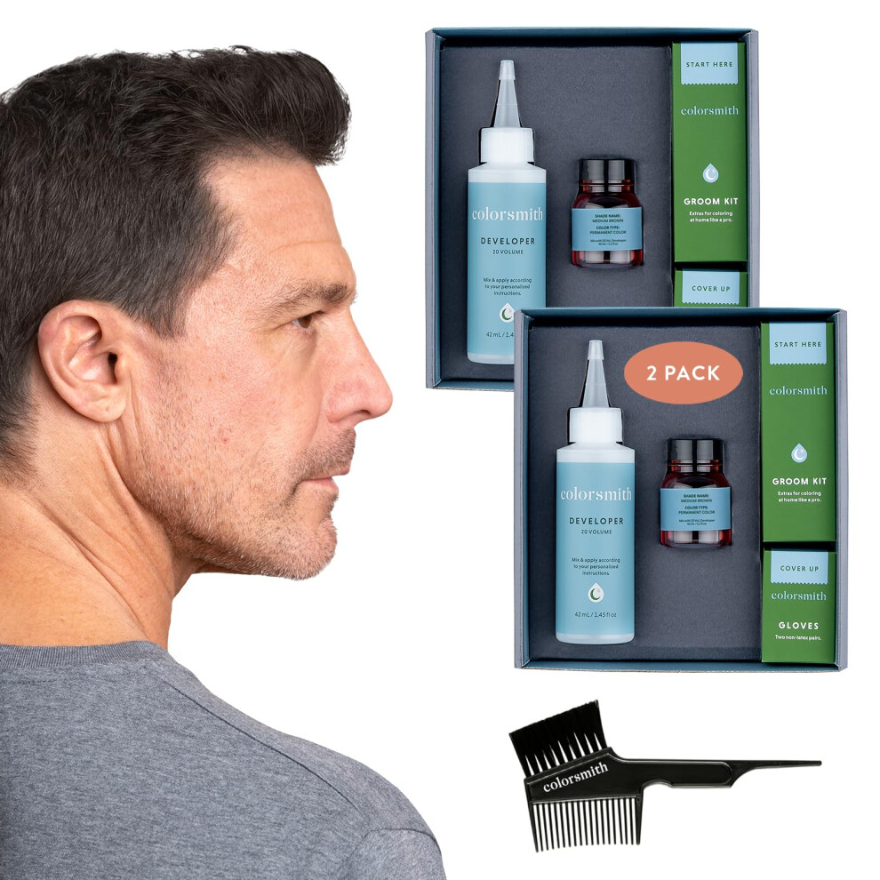 Colorsmith Coloration Cheveux et Barbe pour une Couverture Totale des Cheveux Gris Lot de 2 - Brun Moyen - Sans Ammoniaque Kit Complet de Teintur