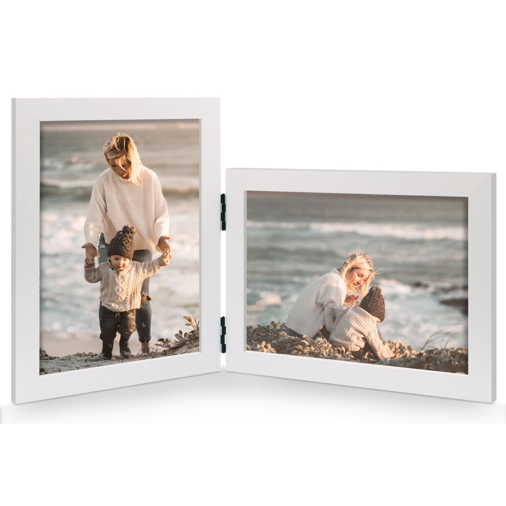 Jd Concept White Vertical Horizontal Combo Double 5X7 Wood Foldable Picture Frame Opening 4.5X6.5 Desktop Or Wall Mounted Portrait And Landsc
