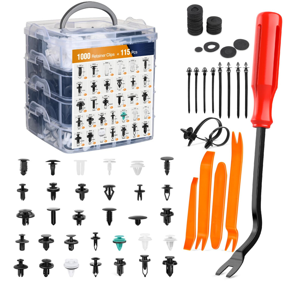 Gooacc 1115Pcs Car Push Retainer Clips & Auto Fasteners Assortment -32 Most Popular Sizes Nylon Bumper Fender Rivets With 10 Cable Ties And Fasteners 840323911504