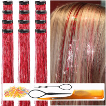 CelineBella Clip In Hair Tinsel Red Tinsel Hiuspidennykset 80 lankaa/kpl lapsille (24 tuuman pakkaus, 12 kpl Shining Red)