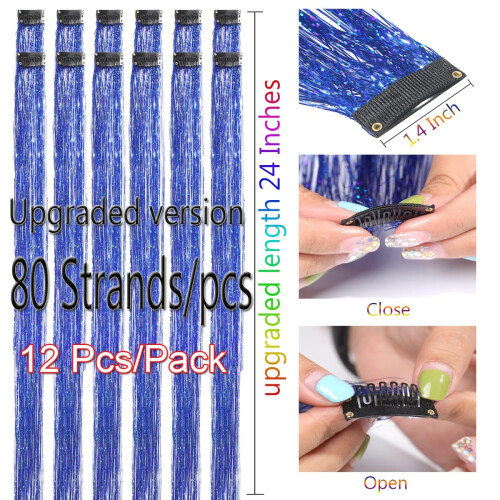 CelineBella Clip In Tinsel Azul para Cabelo 24 Polegadas 80 Fios/Pçs para Festas (Pacote de 12Pçs, Azul Safira) 1