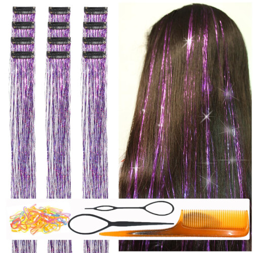CelineBella Tinsel de Cabelo Roxo Clip para Meninas para Festa Cosplay Presente de Natal Ano Novo (24 Polegadas, 12 Pcs)
