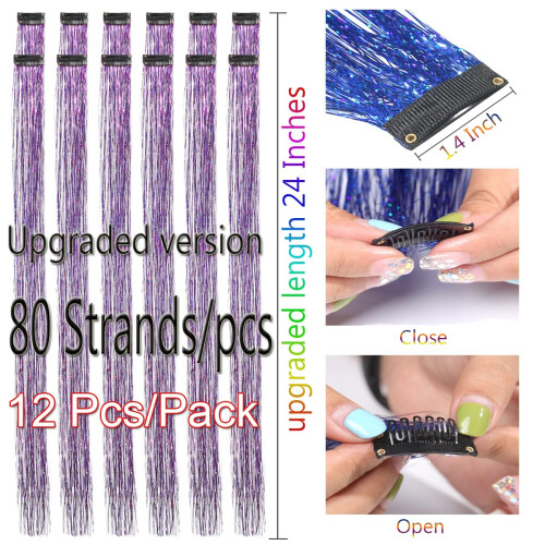 CelineBella Tinsel de Cabelo Roxo Clip para Meninas para Festa Cosplay Presente de Natal Ano Novo (24 Polegadas, 12 Pcs) 1