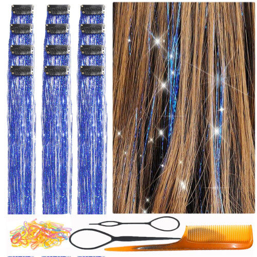 CelineBella Clip In Tinsel Azul para Cabelo 24 Polegadas 80 Fios/Pçs para Festas (Pacote de 12Pçs, Azul Safira)