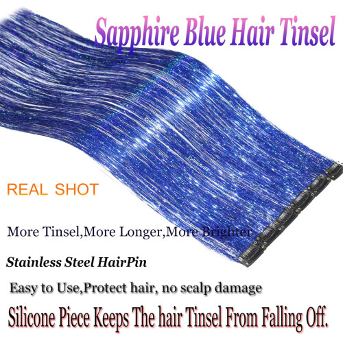 CelineBella Clip In Tinsel Azul para Cabelo 24 Polegadas 80 Fios/Pçs para Festas (Pacote de 12Pçs, Azul Safira) 2