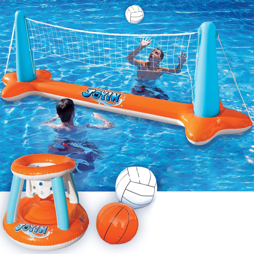 JOYIN XL Inflatable Pool Float Set  125'' Volleyball Net & Basketball Hoops  Extra Large Floating Swimming Game Toy for Kids and Adults  Summer Floati