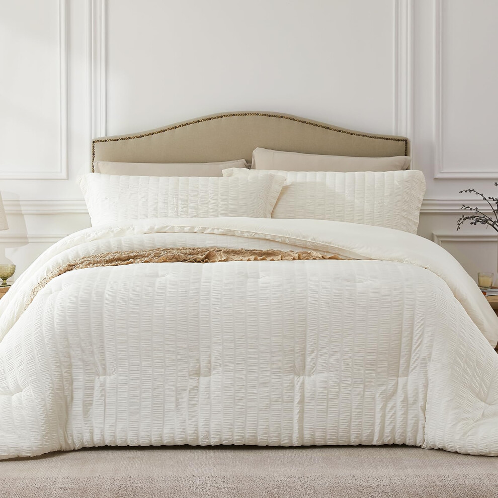 Parure de lit Quataly beige pour lit double - Parure de lit l   g   re 3 pi   ces en seersucker (1 couette douce et moelleuse et 2 taies d'oreiller) -