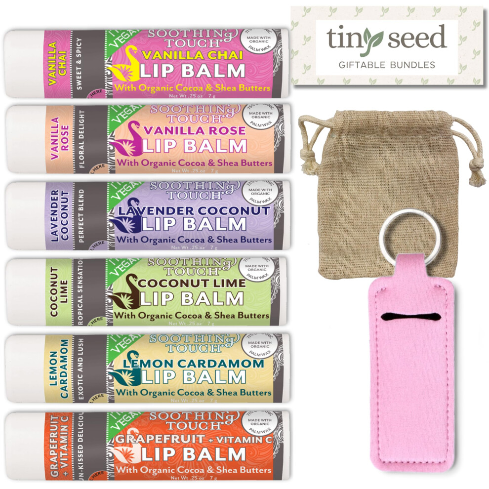 Veganes Lippenbalsam-Set 6Er-Pack Beruhigende Lippenbalsame. Inklusive Musselinbeutel Und Lippenbalsamhalter (Pink): Lavendel, Kokosnuss, Vanil-image