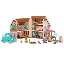 Lil Woodzeez - 16x19In Deluxe Honeysuckle Hillside Cottage - 123 Pcs Dollhouse Playset Including Furnitures 8 Figures & More Accessories - Pretend Pl