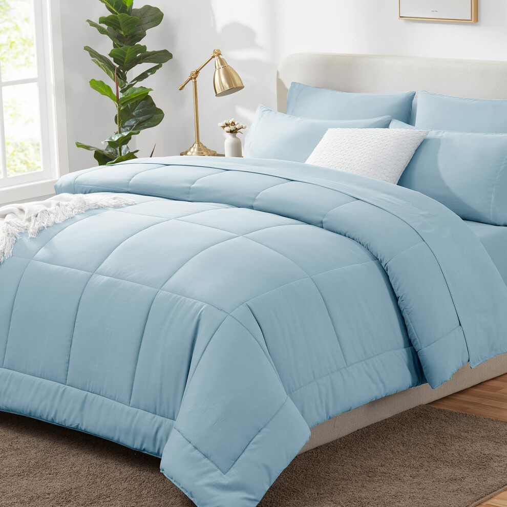 CozyLux Parure de lit king size - 7 pi   ces - Parure de lit bleu clair - King size avec couette matelass   e toutes saisons, drap plat, drap-housse