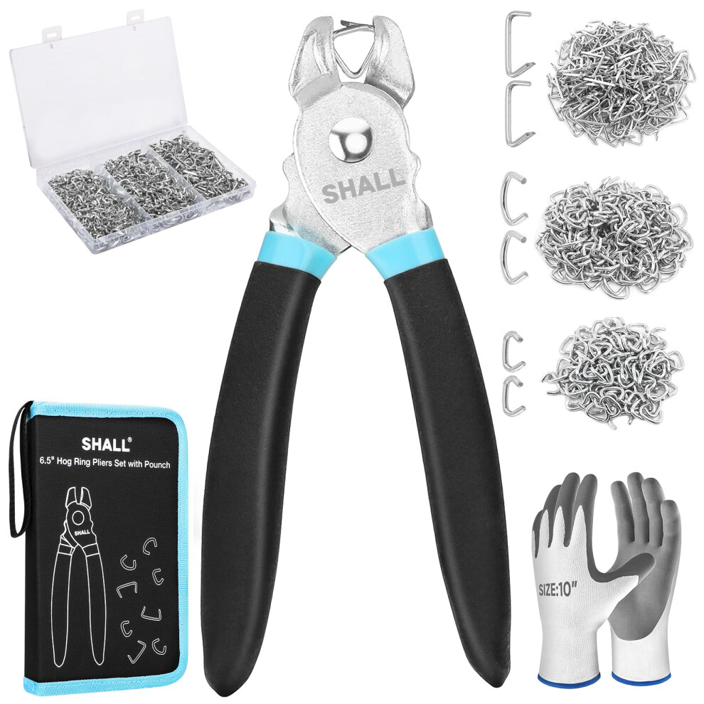 Shall Hog Ring Pliers Kit With 600Pcs Galvanized Hog Rings (3/8 1/2 3/4) For Upholstery Fence Animal Pet Cages Bungee Cords Bagging Protective 762983170476