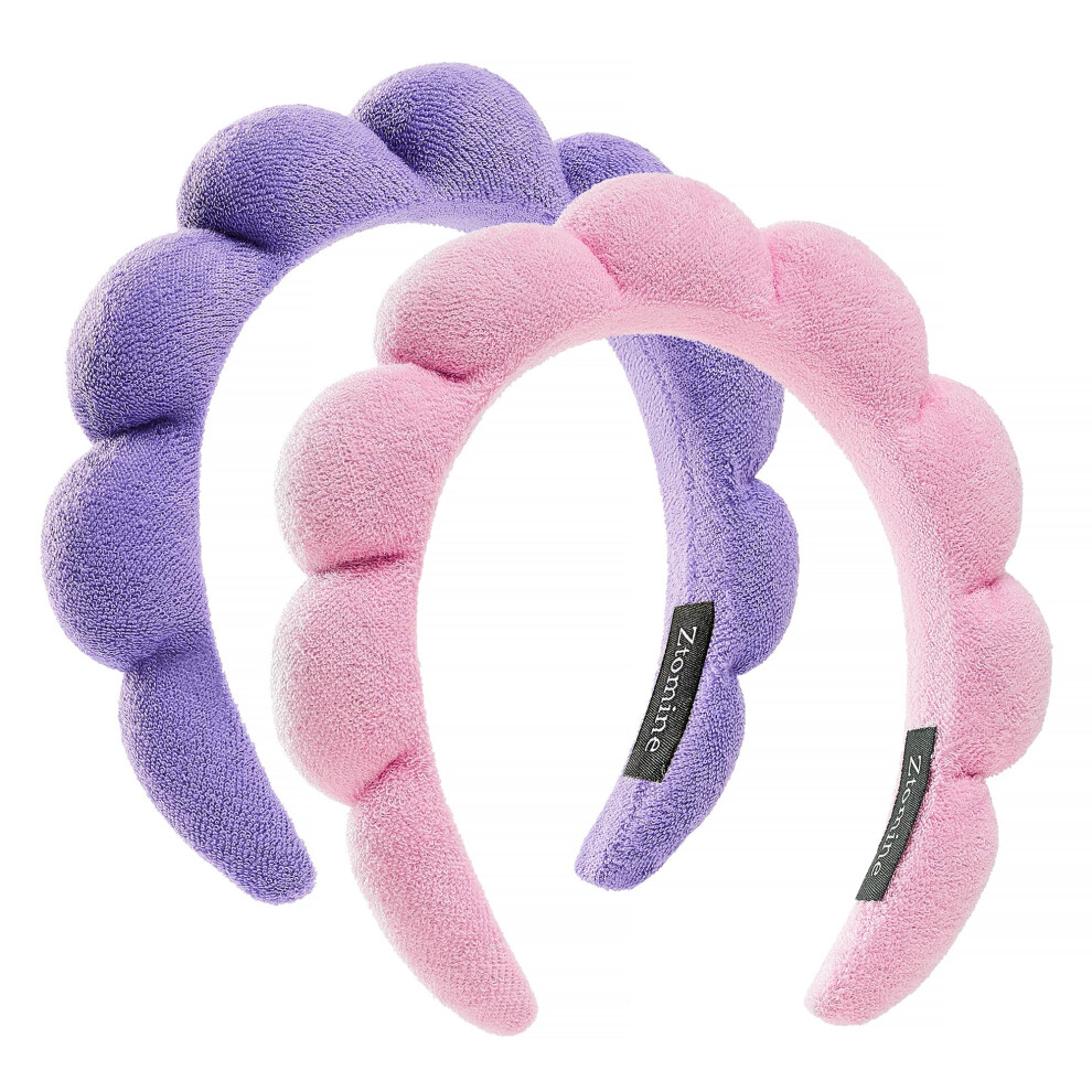 Ztomin Pink/Purple Spa Facial Headbands Combo Pack - 2 Terry Cloth Makeup Headbands For Face Washing Masks And Skin Treatments ( + Purple)