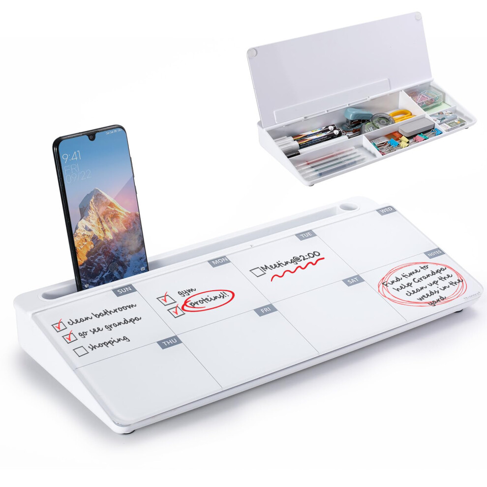 TSJ OFFICE Desktop Whiteboard Dry-Erase-Board - Computer Keyboard Stand White Board Surface Pad with Drawer Desk Organizers with Accessories for Offi