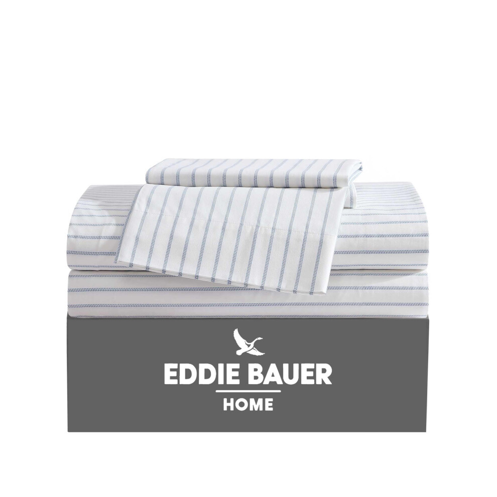 Eddie Bauer - Parure de lit en percale de coton pour lit double, décoration d'intérieur fraîche et tendance (rayures essentielles blanches pour l