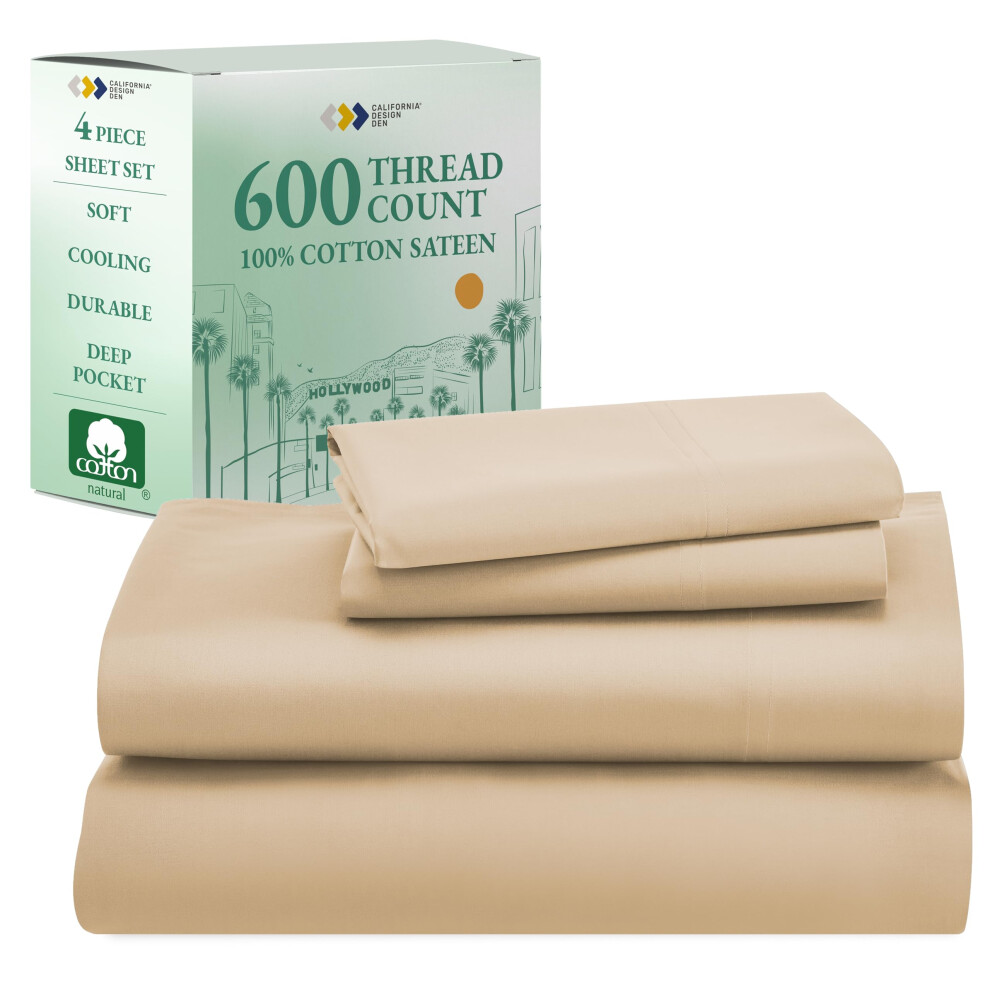 Parure de lit California King Size beige, 600 fils au pouce carr   , 100 % satin de coton, avec poches profondes, draps et taies d'oreiller doux de