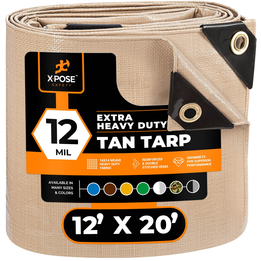 Heavy Duty Tan Poly Tarp 12' X 20' - Multipurpose Protective Cover - Durable  Waterproof  Weather Proof  Rip and Tear Resistant - Extra Thick 12 Mil P-image-OPC-PGBTKKD-NEW