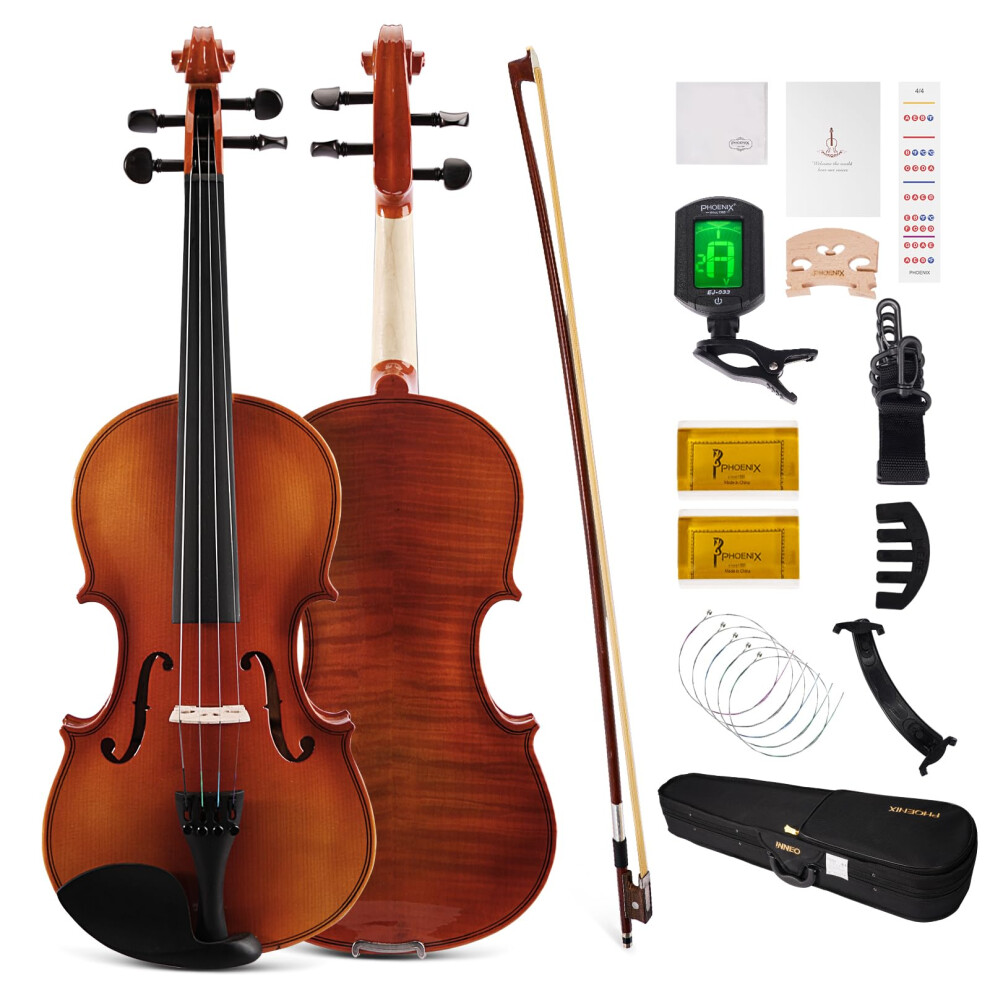 Phoenix Violin 4/4 Full Size Kit Violin Fiddle Set for Beginner Adults Student with Rosewood Bow Extra Strings & Bridge 2 Rosins Tuner Case Mute