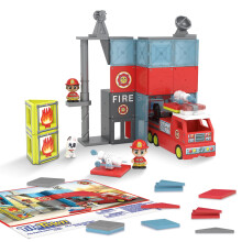 Tile Town Fire Station + Firetruck Magnetic Tiles Building Playset & Vehicle w/ Lights & Sounds + Figures Kids 3-6+ New Action Tiles for Action Play